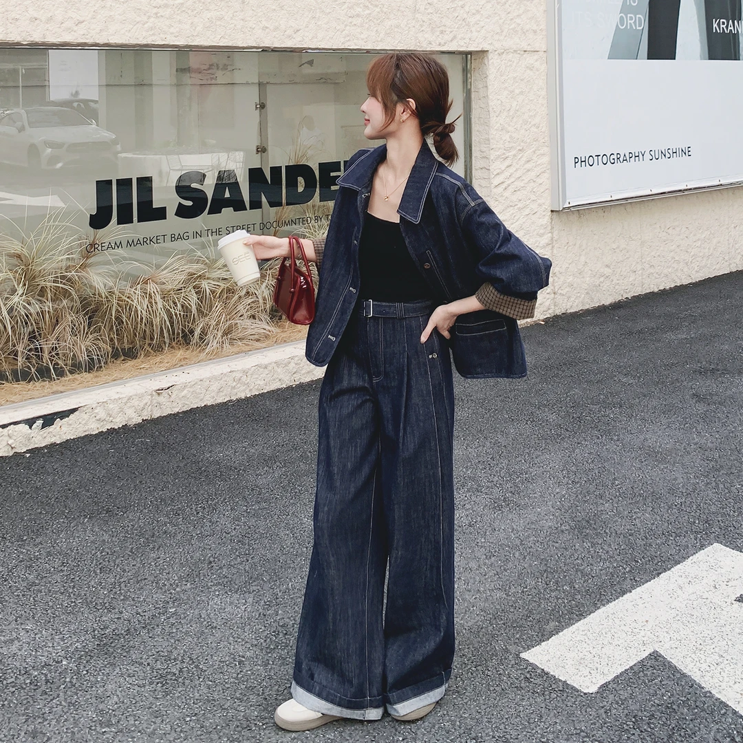 复古牛仔套装女韩系松弛感气质高级感格纹拼接外套阔腿裤两件套