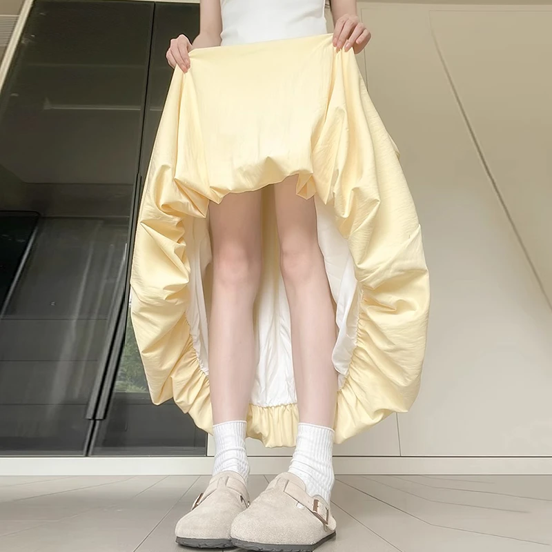 花苞半身裙女夏季薄款冰丝灯笼裙温柔风中长款高腰a字云朵蓬蓬裙