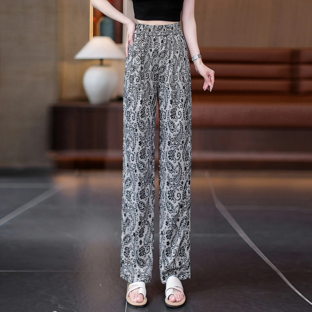 冰丝印花阔腿裤女士夏季薄款2025新款松紧高腰显瘦垂感休闲凉凉裤