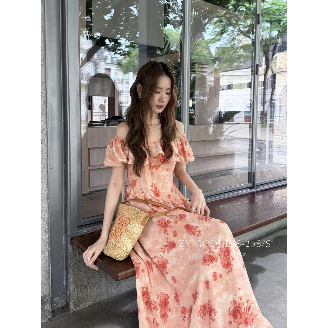 ZY-少女温柔气质玫瑰印花荷叶边一字肩泡泡袖海边出片氛围感裙子