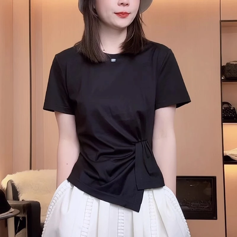 黑色短袖t恤女士2025夏季新款时尚减龄修身显瘦设计感不规则上衣