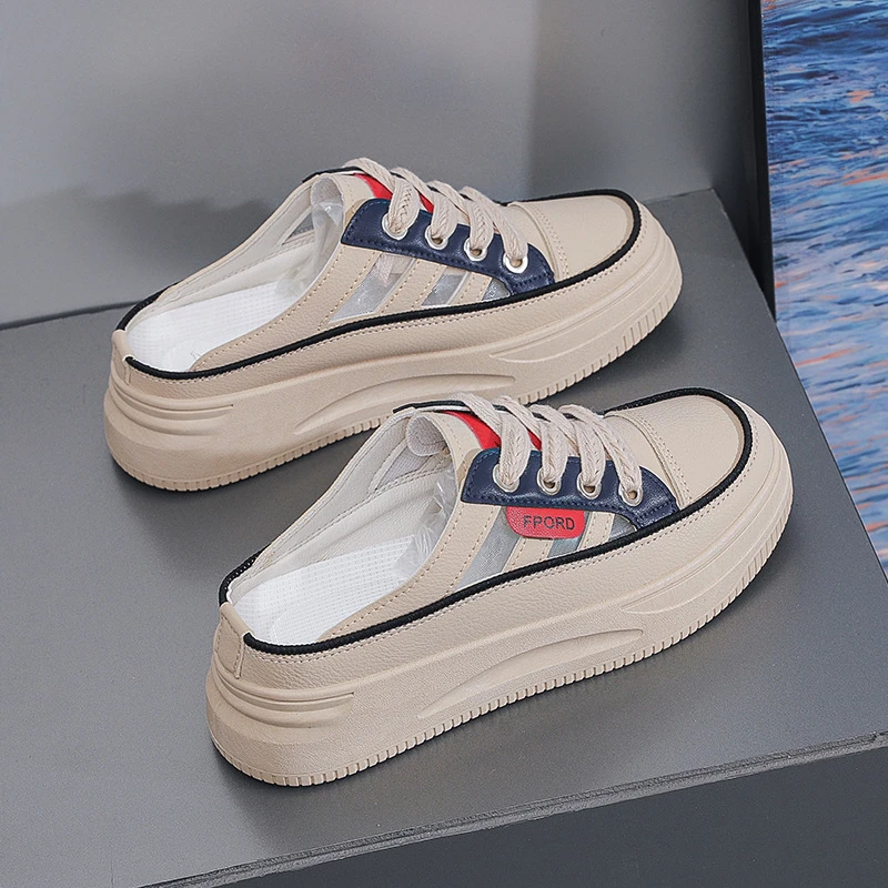 包头半拖鞋女外穿2025夏季新款鞋子百搭网面小白鞋女休闲板鞋C03