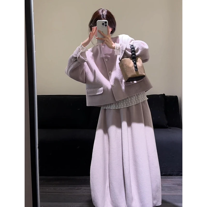 Z087#秋冬季巨好看富家千金小香风穿搭紫色氛围感外套半身裙套装
