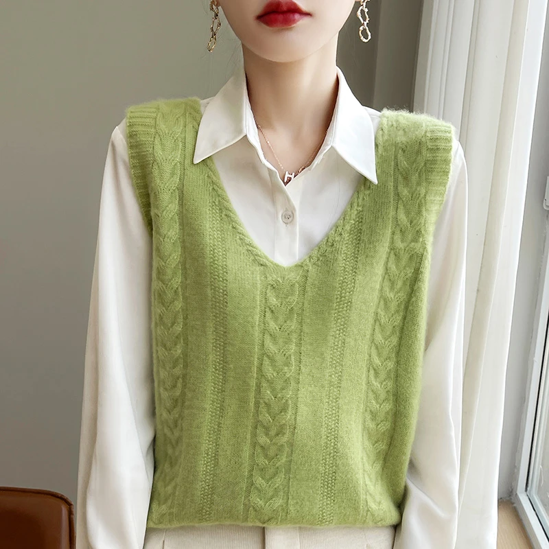 复古V领针织毛衣马甲红色上衣百搭叠穿打底坎肩洋气麻花气质背心