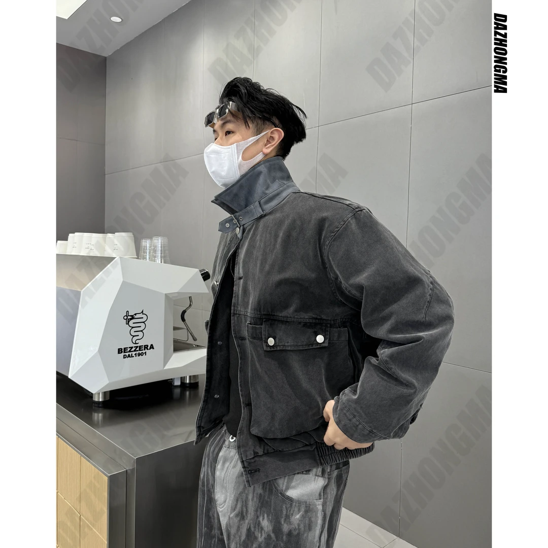 【大重码】男士百搭复古飞行员夹克帆布水洗拼皮春秋大口袋上衣外套