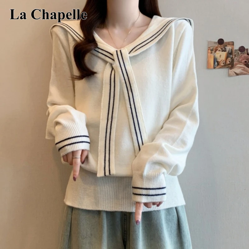 拉夏贝尔法式胖mm大码女装海军领针织衫秋季新款时尚气质百搭毛衣