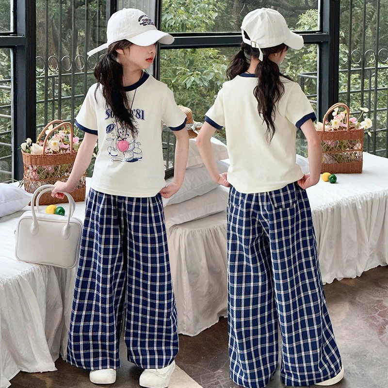 女童夏季短袖套装2025新款女大童时髦休闲穿搭儿童夏装格子阔腿裤