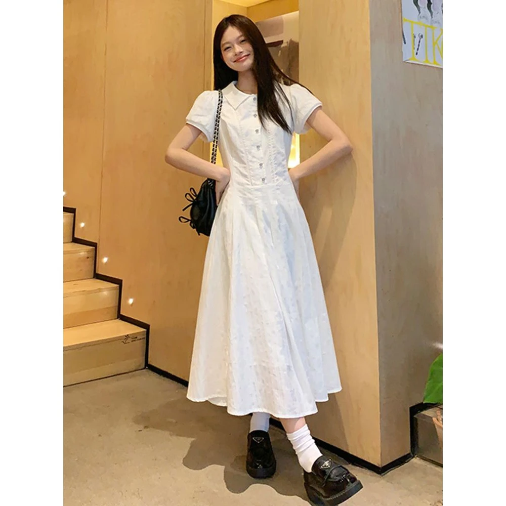 【清仓】白色泡泡袖衬衫连衣裙女2025夏季学院风小个子气质收腰初恋