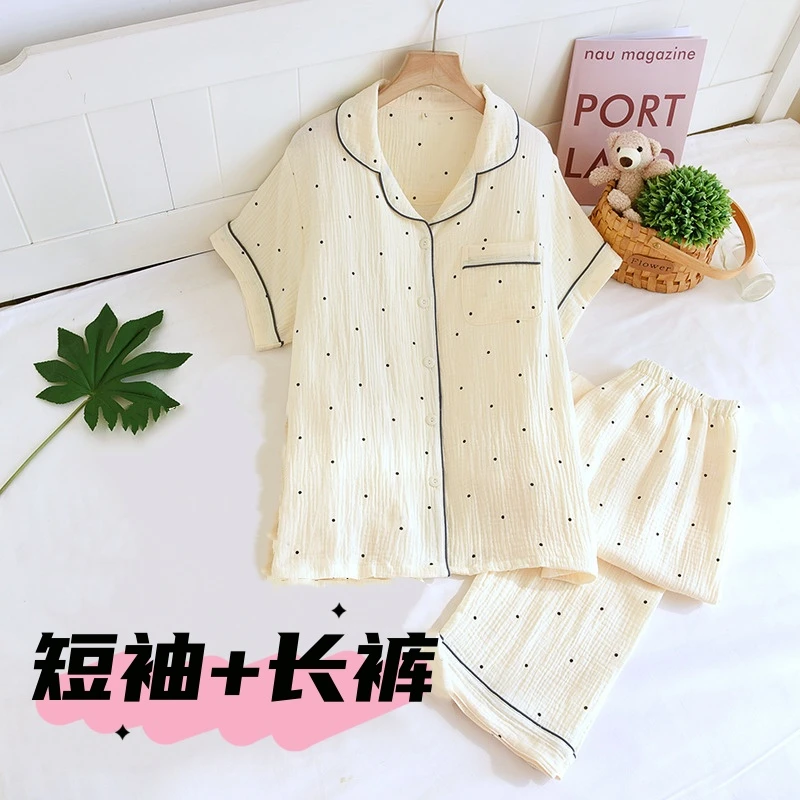 【全棉短袖+长裤】双层棉纱睡衣女士家居服短袖薄款夏季大码纯棉