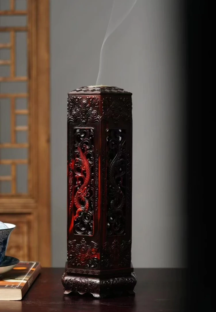 【木上】大红酸枝交趾黄檀-龙行天下红木熏香炉10*10*28-卧香盒摆件