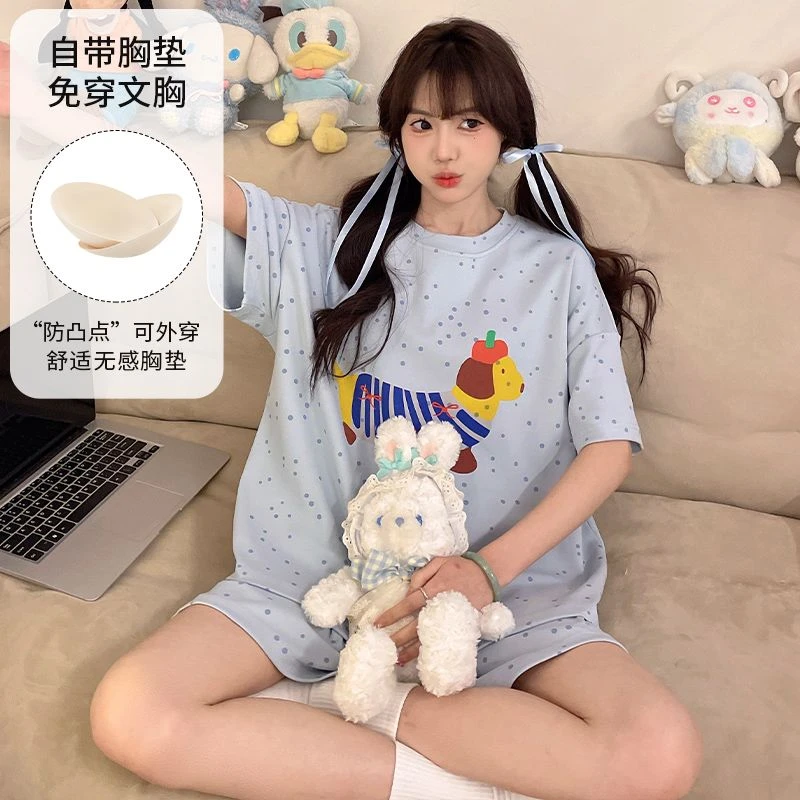 芯语婷夏季新款甜美带胸垫波点腊肠狗睡衣女短袖卡通韩版薄款套装