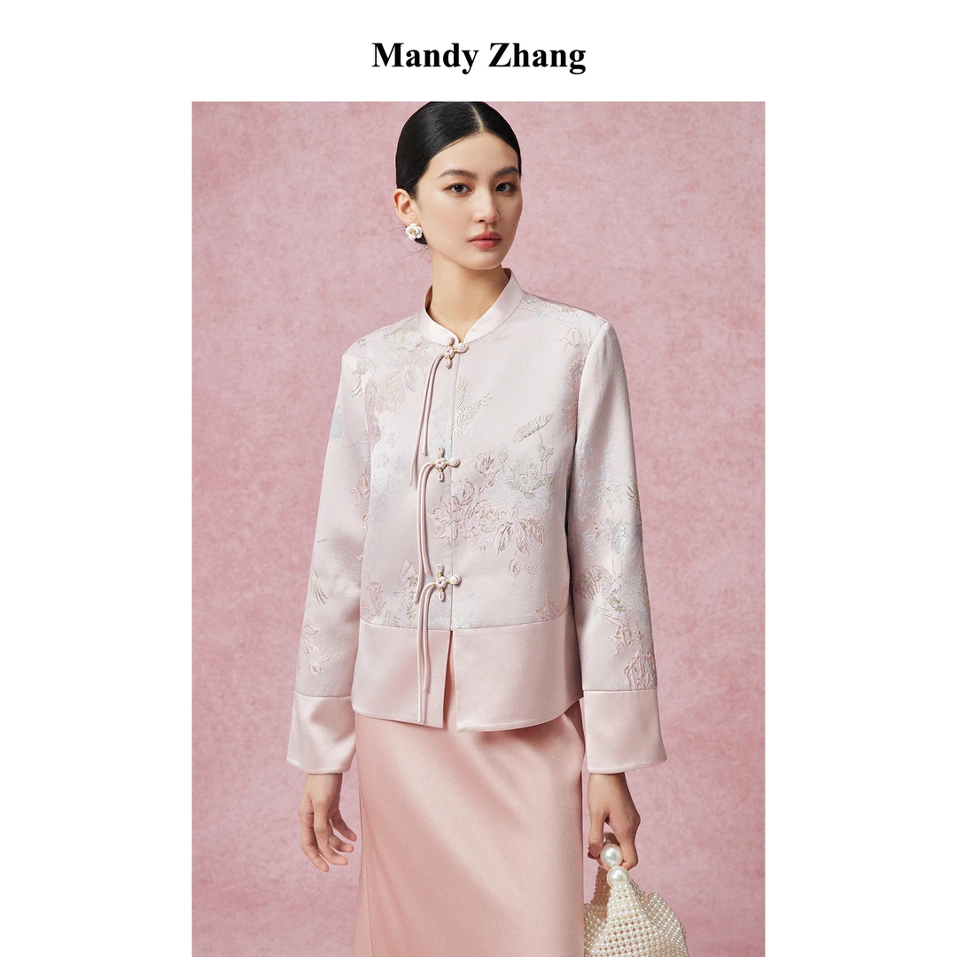 【陈大可专属】MandyZhang新中式刺绣粉色外套女秋冬盘扣上衣