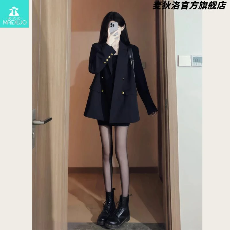 高级感春秋季小个子百搭复古宽松显瘦西装外套女休闲气质黑色西服