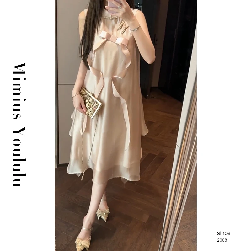 【mimius】肉肉  气质甜美大蝴蝶结新中式挂脖连衣裙 G02262