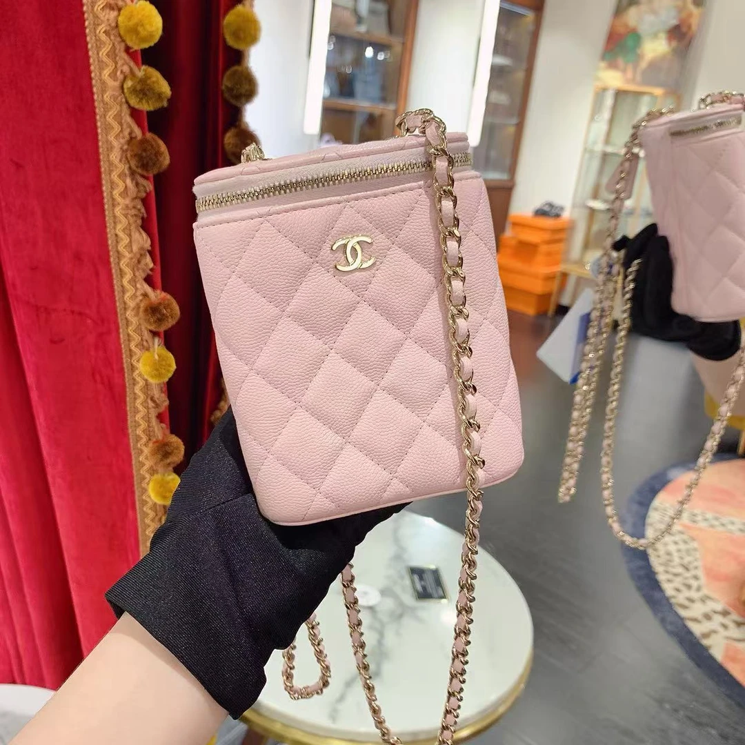95新 Chanel/香奈儿 香奈儿烟盒包樱花粉金扣荔枝牛皮/42766459