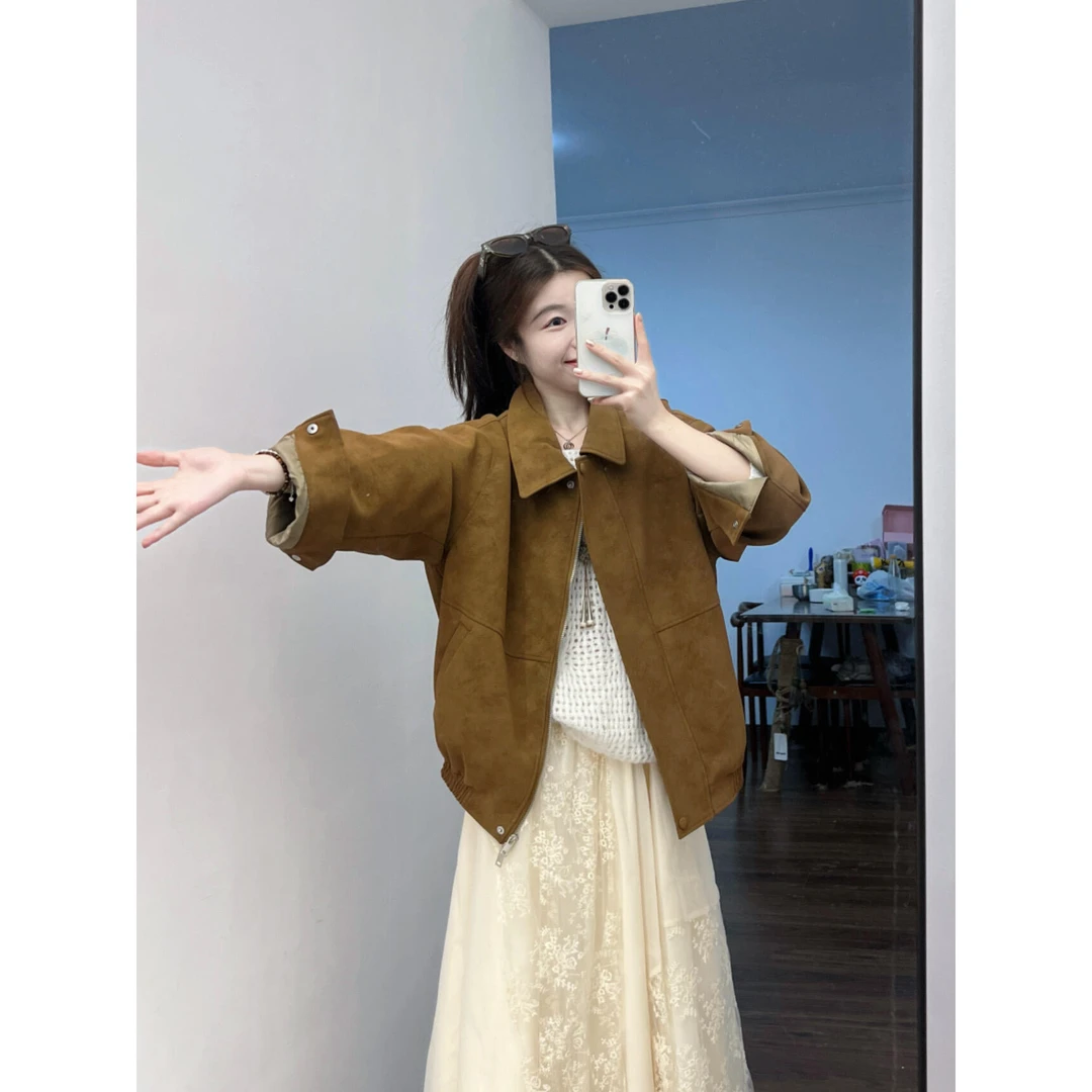 复古麂皮绒秋天外套女2025新款今年流行翻领宽松休闲夹克上衣