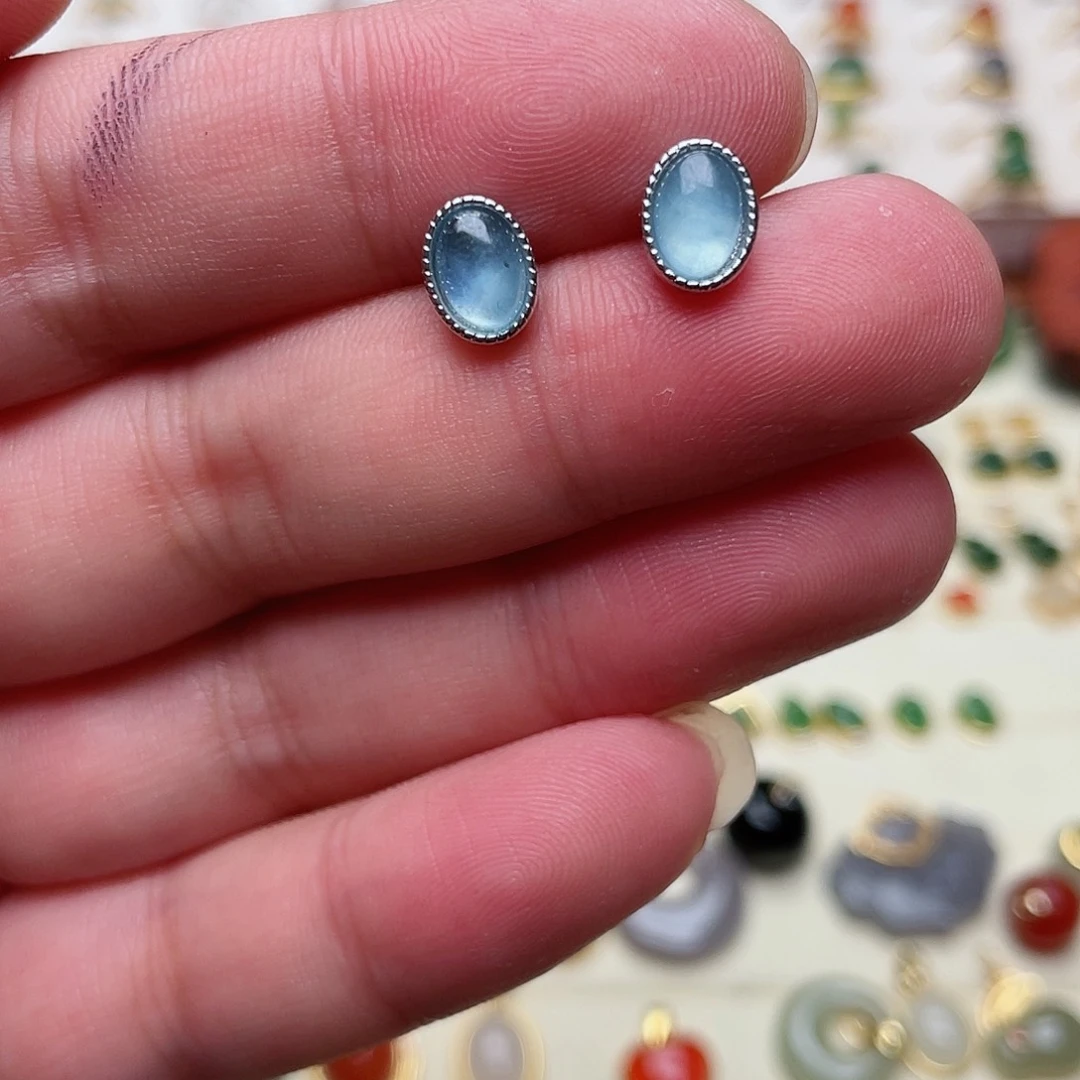 和田玉耳钉银S925镶嵌