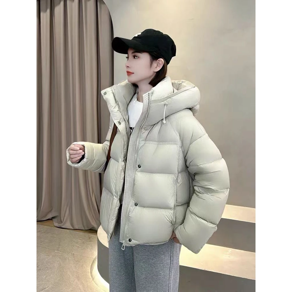 平湖连帽高端白鸭绒羽绒服女2025冬新款短款小个子面包服宽松外套