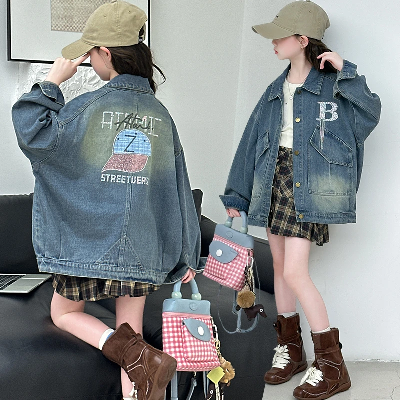 小女孩牛仔外套春秋款2025新款女童宽松开衫秋季洋气休闲百搭深蓝