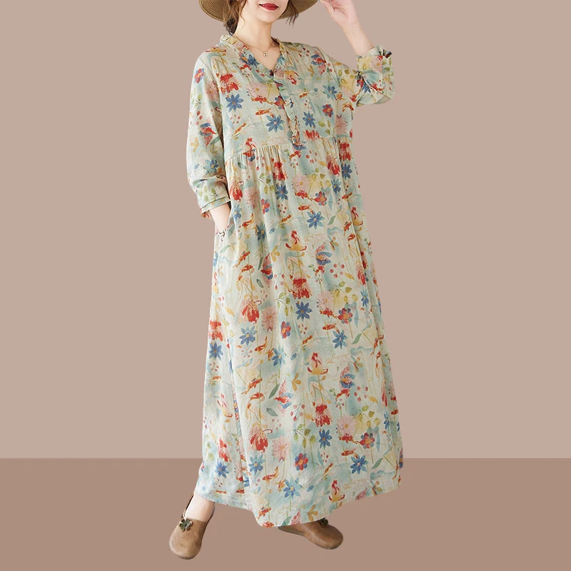 春秋季时尚新款复古亚麻印花宽松休闲木耳花边领长袖大摆连衣裙