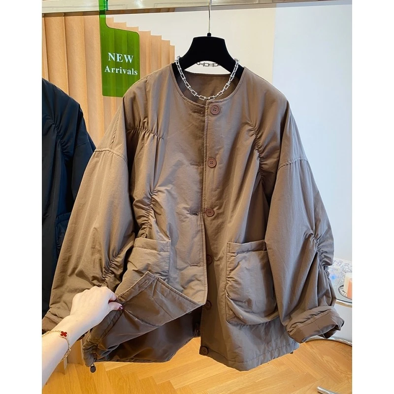 7228冬季新款轻薄棉服女欧货设计感宽松休闲时尚无领棉衣夹棉外套