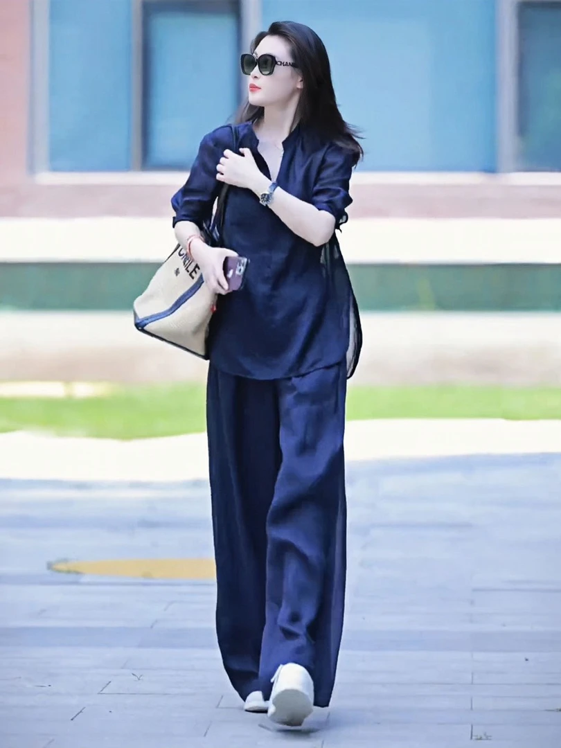 胖mm老钱风穿搭宽松上衣阔腿裤套装女夏季2025超火好看高级两件套