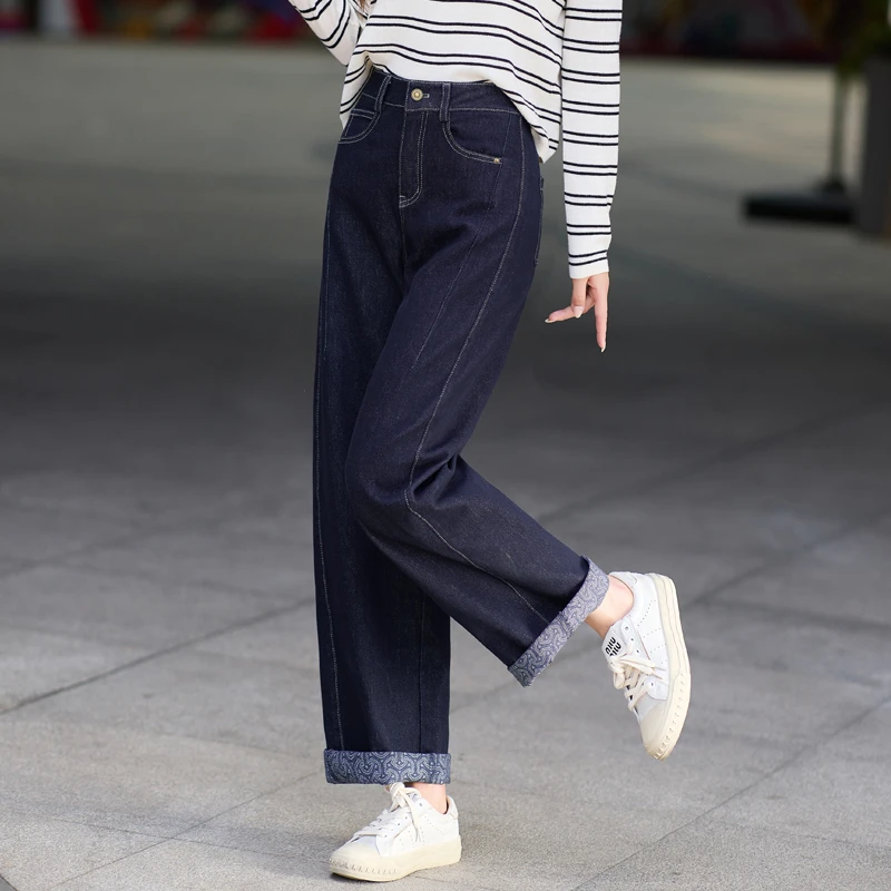 丹宁蓝弯刀牛仔裤女款爆款2025新款秋季宽松高腰显瘦阔腿简约长裤