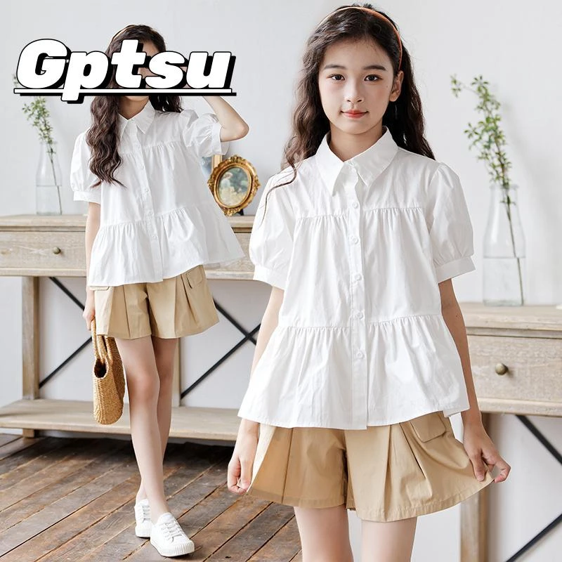 GPTSu女童白色短袖衬衫2025款中大童学生衬衣娃娃衫女孩洋气上衣