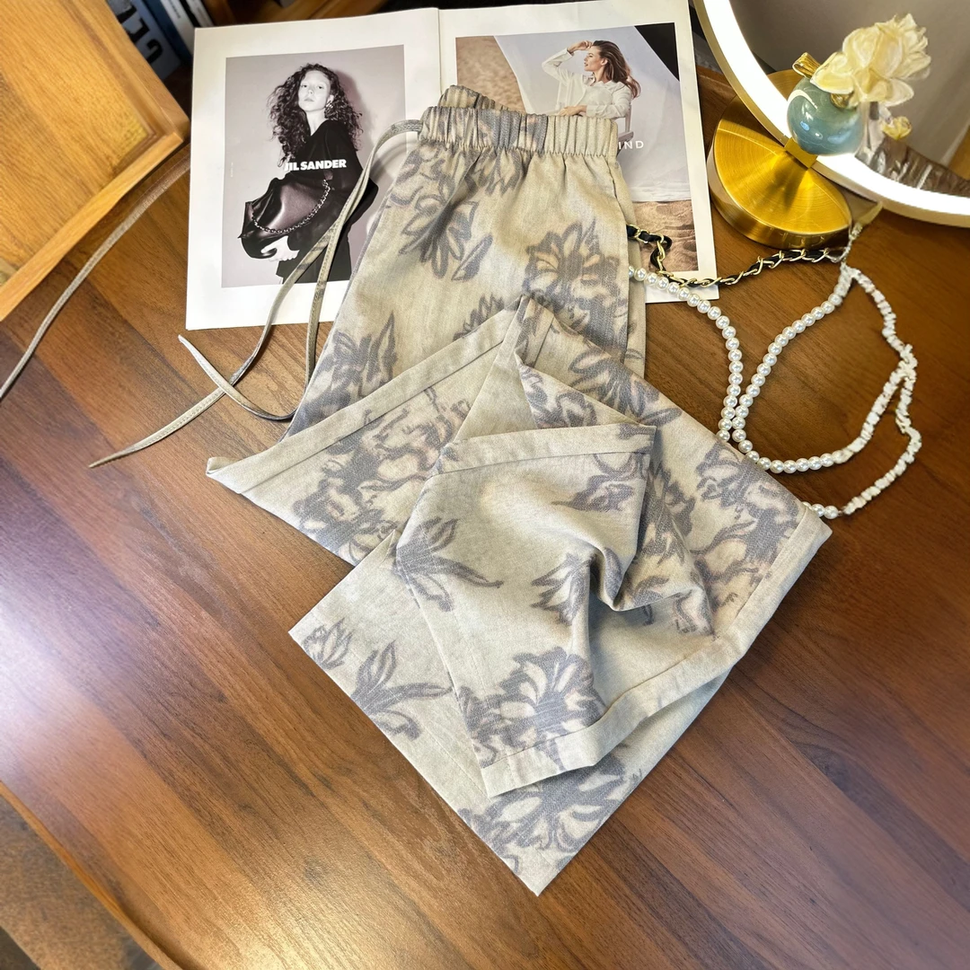 天丝棉麻阔腿裤女国风水墨印花夏季薄款时尚复古亚麻休闲拖地裤子