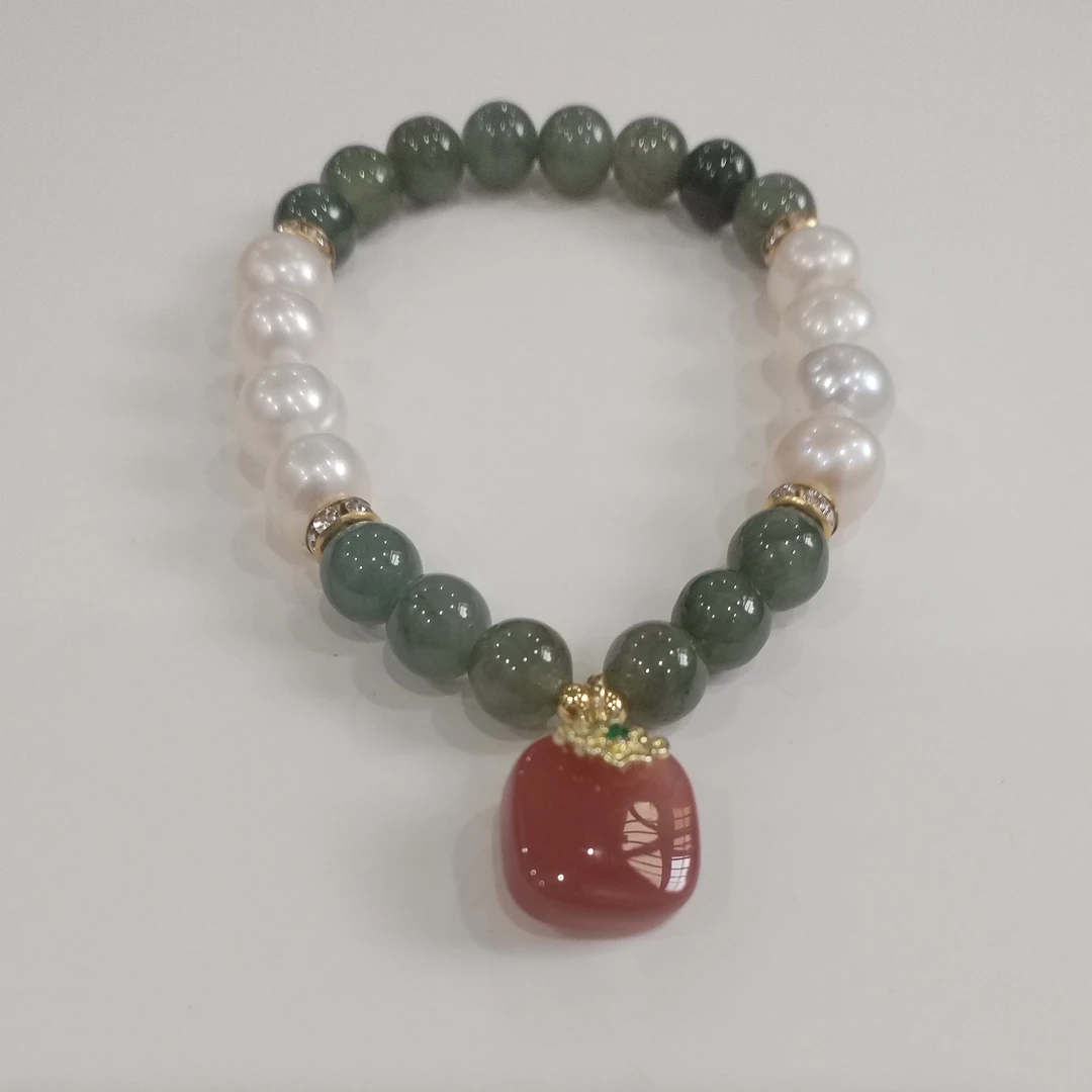 天然卡8缅甸翡翠配天然无核淡水珍珠加玛瑙无事牌手链021