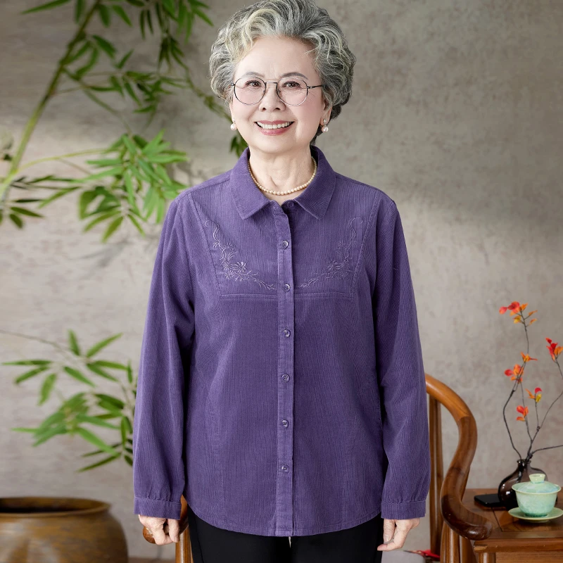妈妈春秋纯棉灯芯绒衬衫长袖中老年女上衣老太太奶奶春装全棉外套