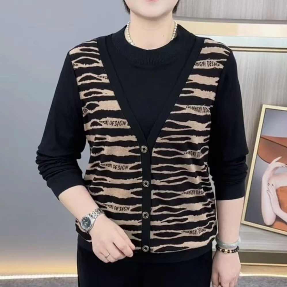 秋季新款时尚圆领假两件中老年气质妈妈装显瘦休闲长袖上衣H8636