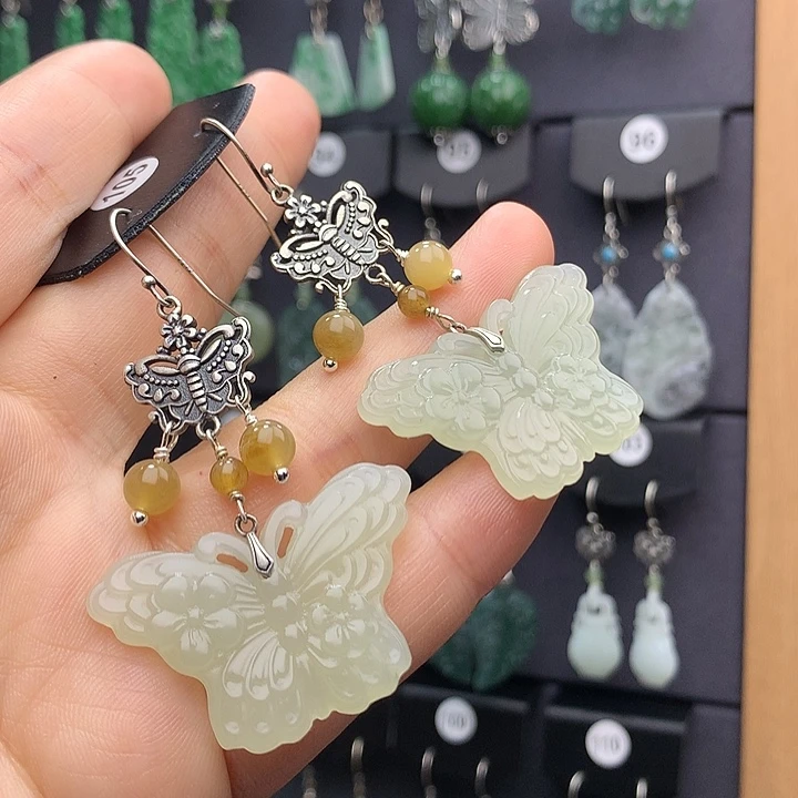 和田玉耳饰银S925镶嵌柳