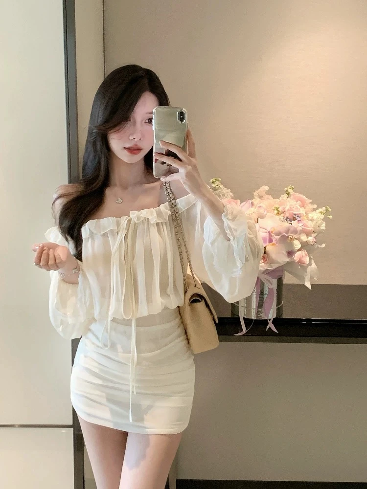 2025夏季新款高级感气质一字肩雪纺包臀裙女纯欲微透连衣裙短裙女