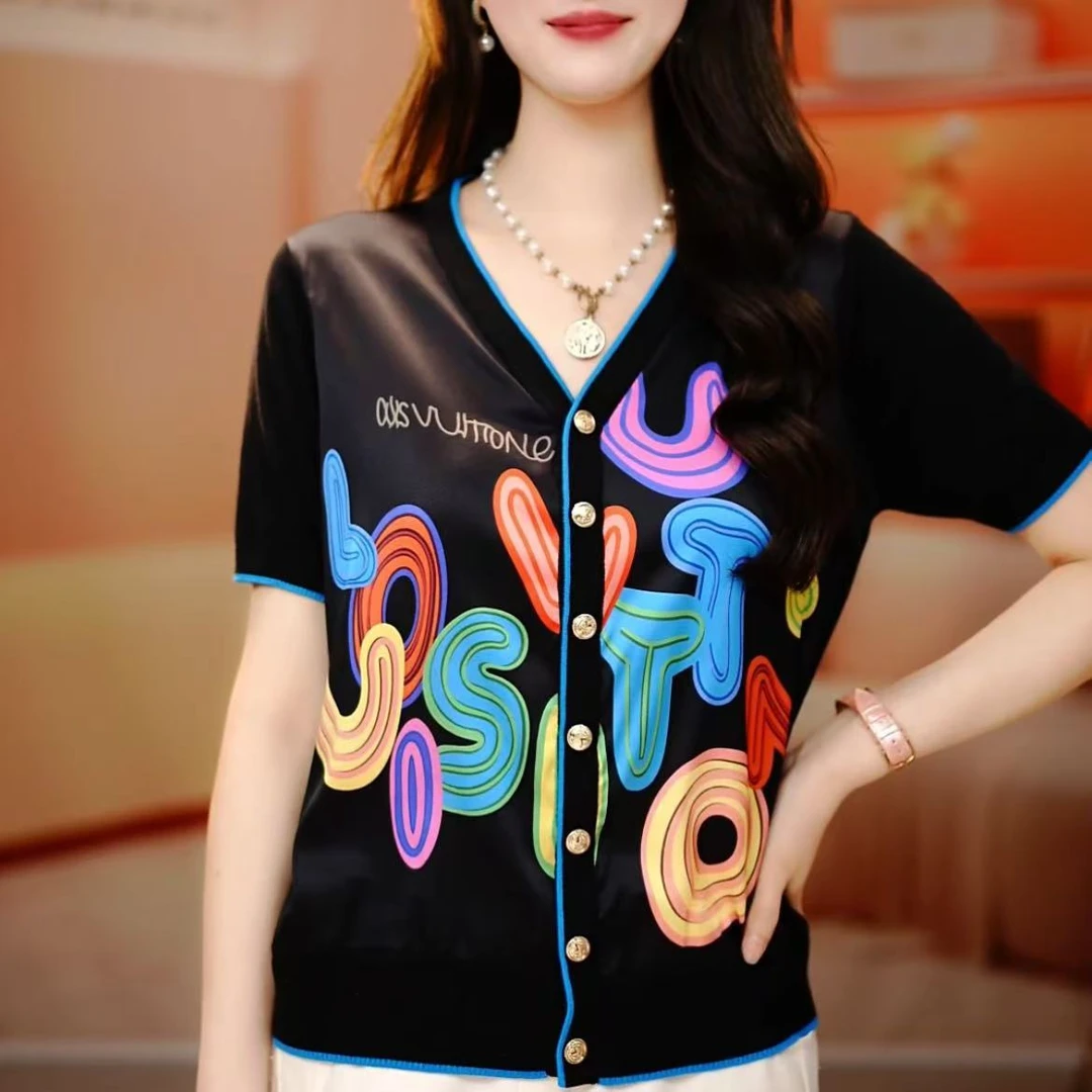 2025新品桑蚕丝字母印花休闲V领时尚通勤女士打底短袖-新1