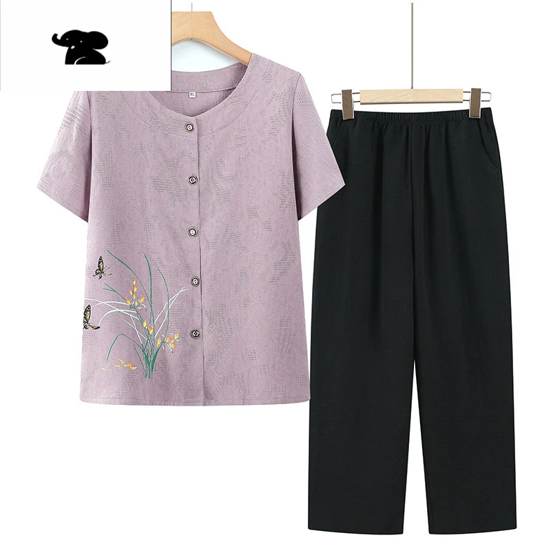 中老年奶奶夏装套装岁妈妈短袖含棉衬衫女夏两件套老太太衣服女