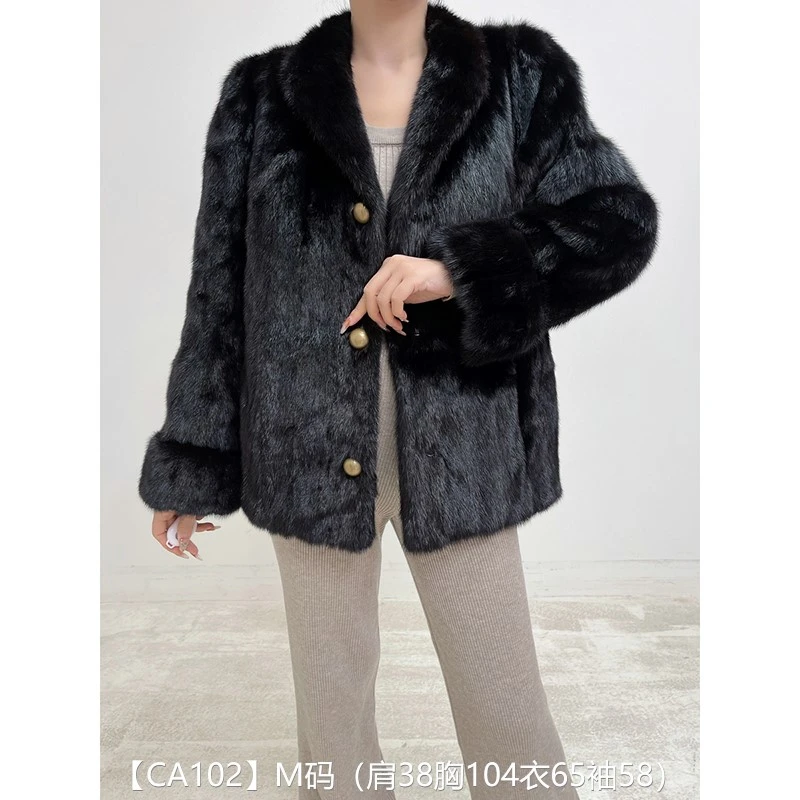 【CA102】M码 本黑色全抽短款貂皮大衣皮草外套 立领挽袖