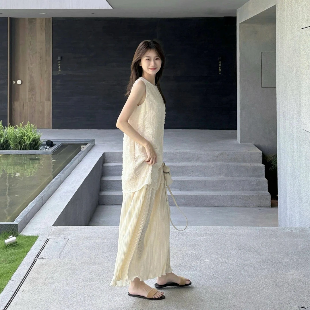 法式度假风套装女夏季设计小众高级感无袖上衣半身裙长裙两件套