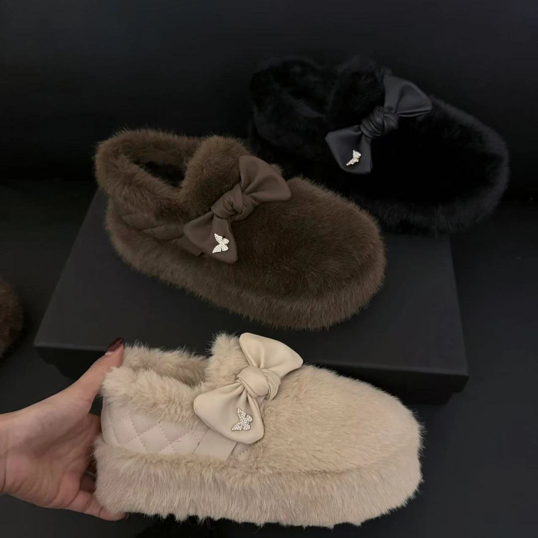 小香风温柔一脚蹬蝴蝶结毛毛鞋2024年时尚百搭厚底增高外穿女棉鞋