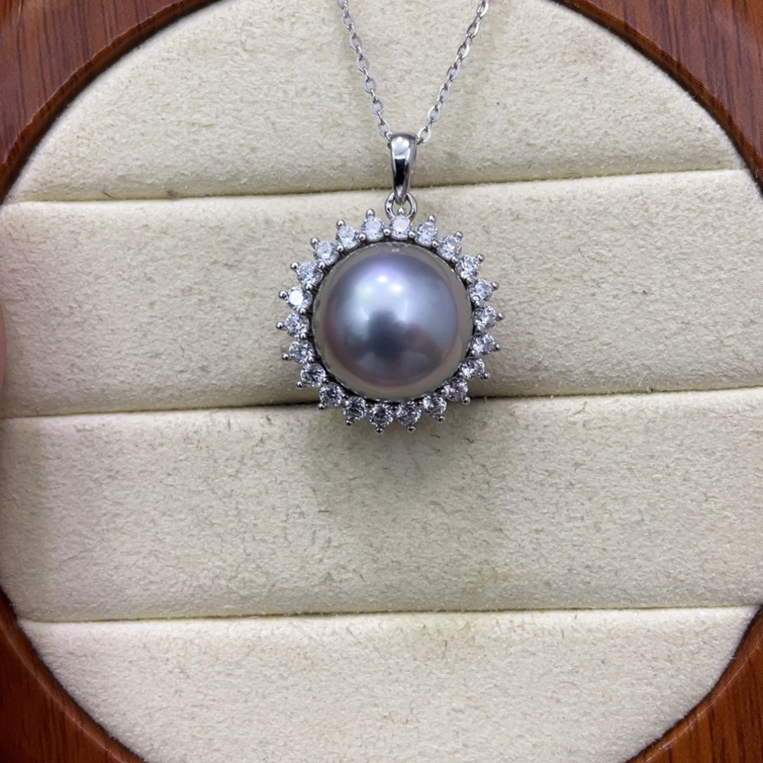 银S925镶嵌颈饰海水珍珠铂金灰12+太阳花款镜面极光