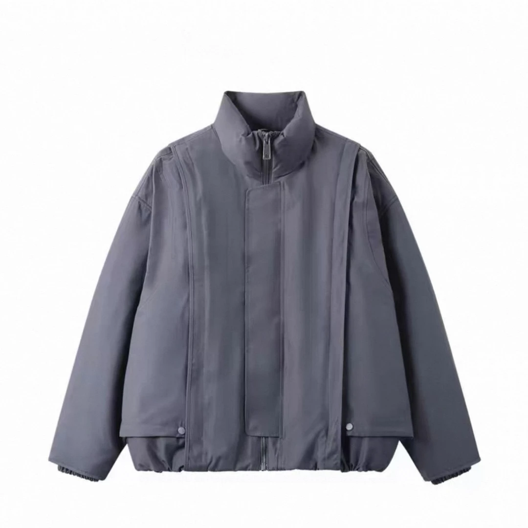 立领结构拼接宽松纯色可拆卸袖羽绒服外套1719