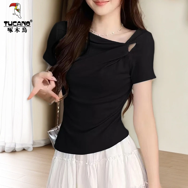 啄木鸟法式夏季女装侧边收腰褶皱t恤女短袖纯欲显瘦百搭T恤设计感