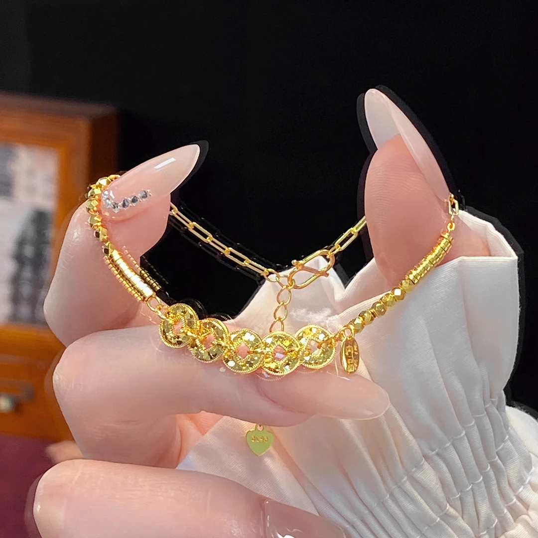 925银手链 纯银招财纳福碎碎冰五帝钱手链精致手串小众气质女饰品