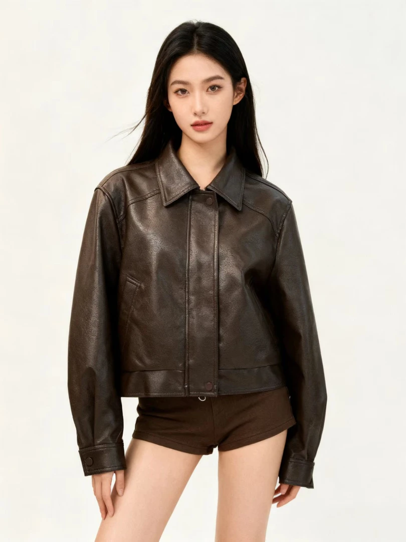 欲齐山常规翻领标准长袖法式秋季皮衣外套短款冬季皮夹克百搭休闲