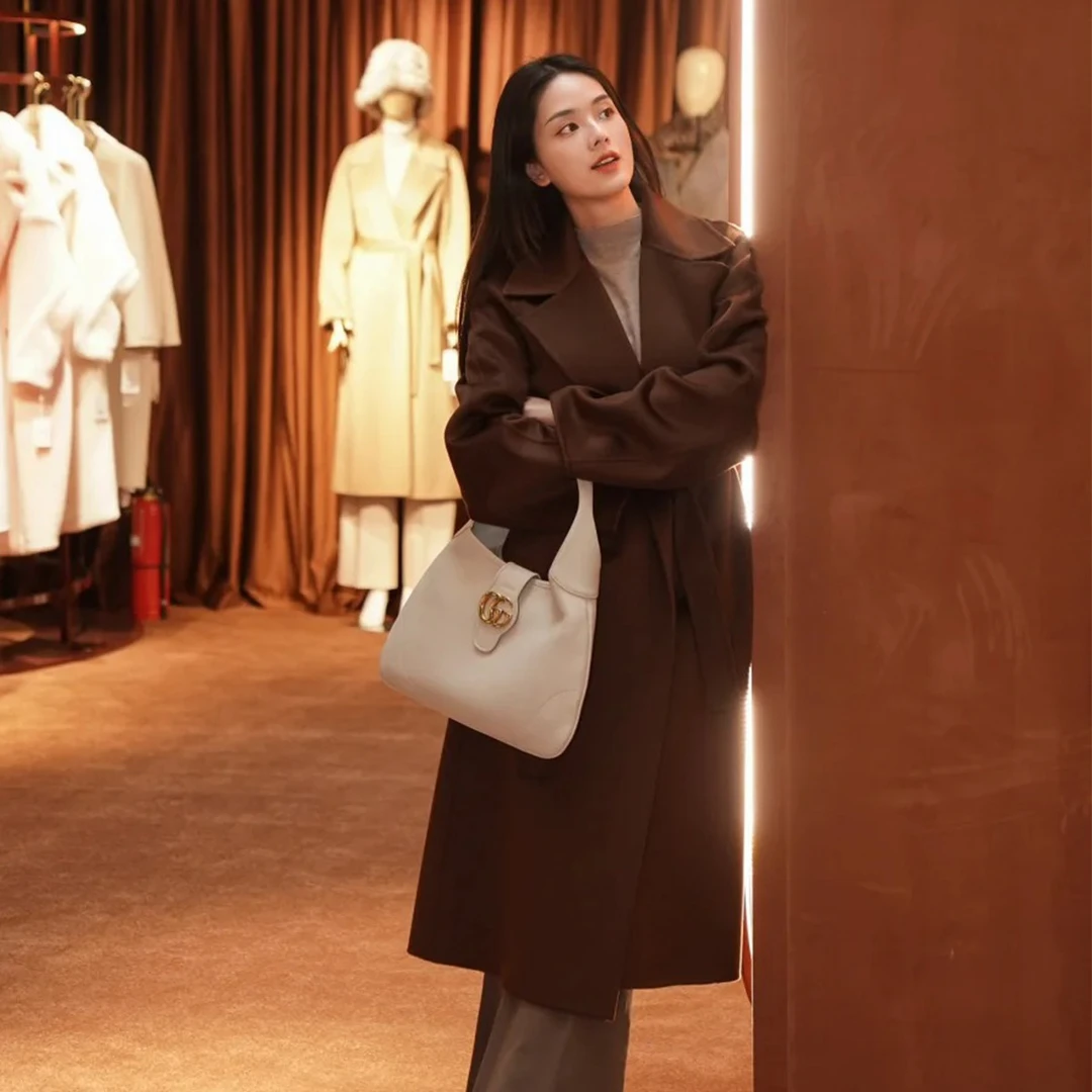 22#商务慵懒风浴袍款大衣外套女2024冬宽松双面呢大衣DWHLO4045