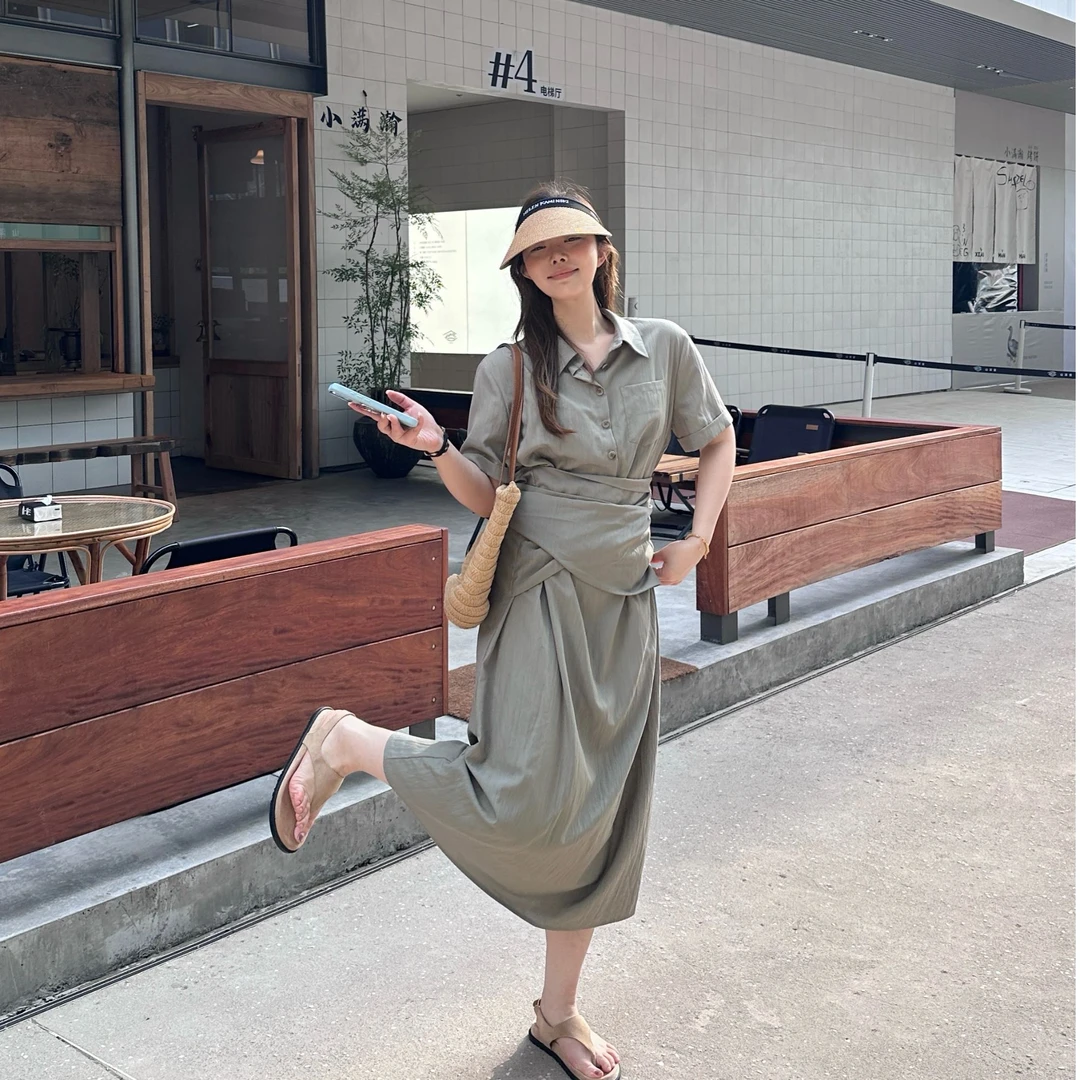 晶咕【双片收腰裙】复古时尚设计感显瘦系带收腰短袖衬衫连