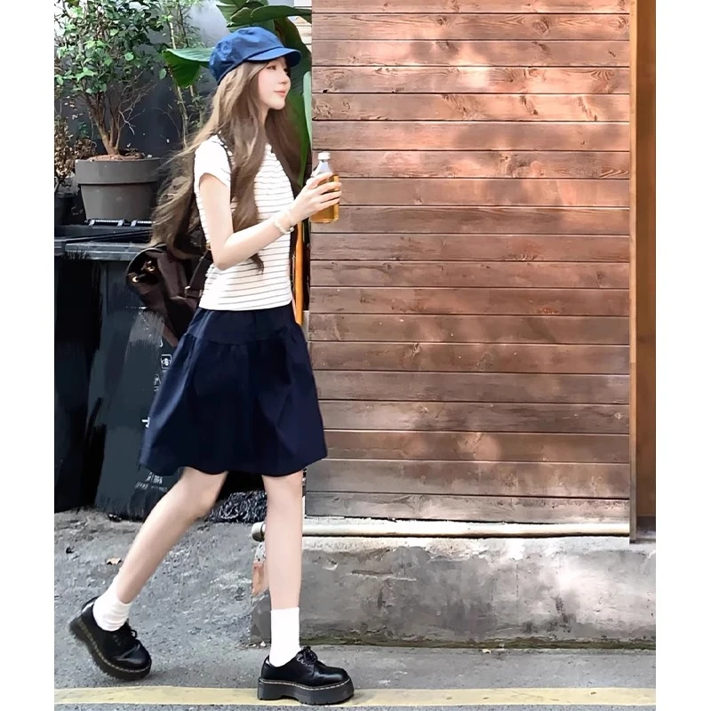 藏青色日系半身裙女夏薄款小个子高腰显瘦a字休闲学院风五分短裙