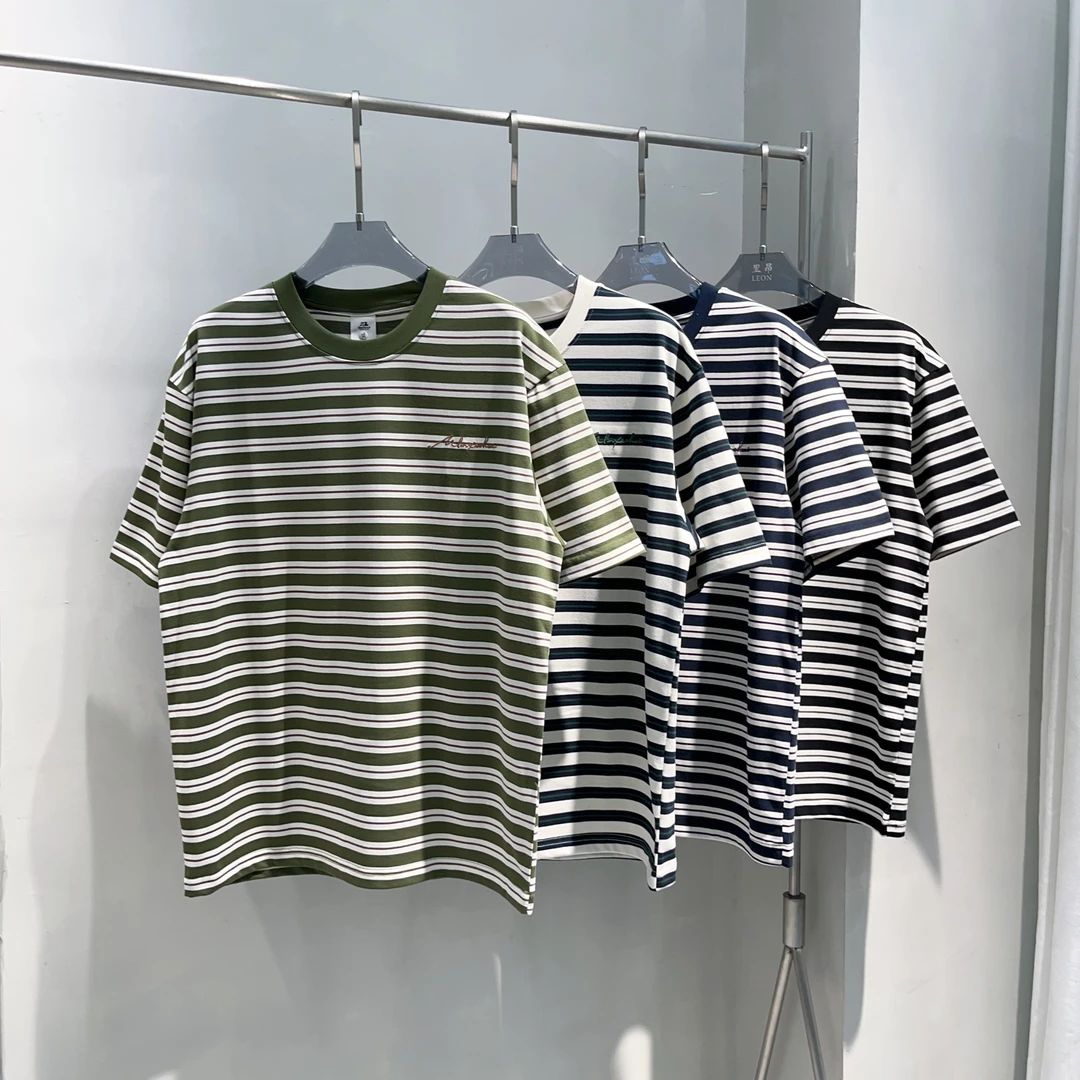 【赢家】夏季情侣款条纹刺绣百搭宽松圆领短袖T恤