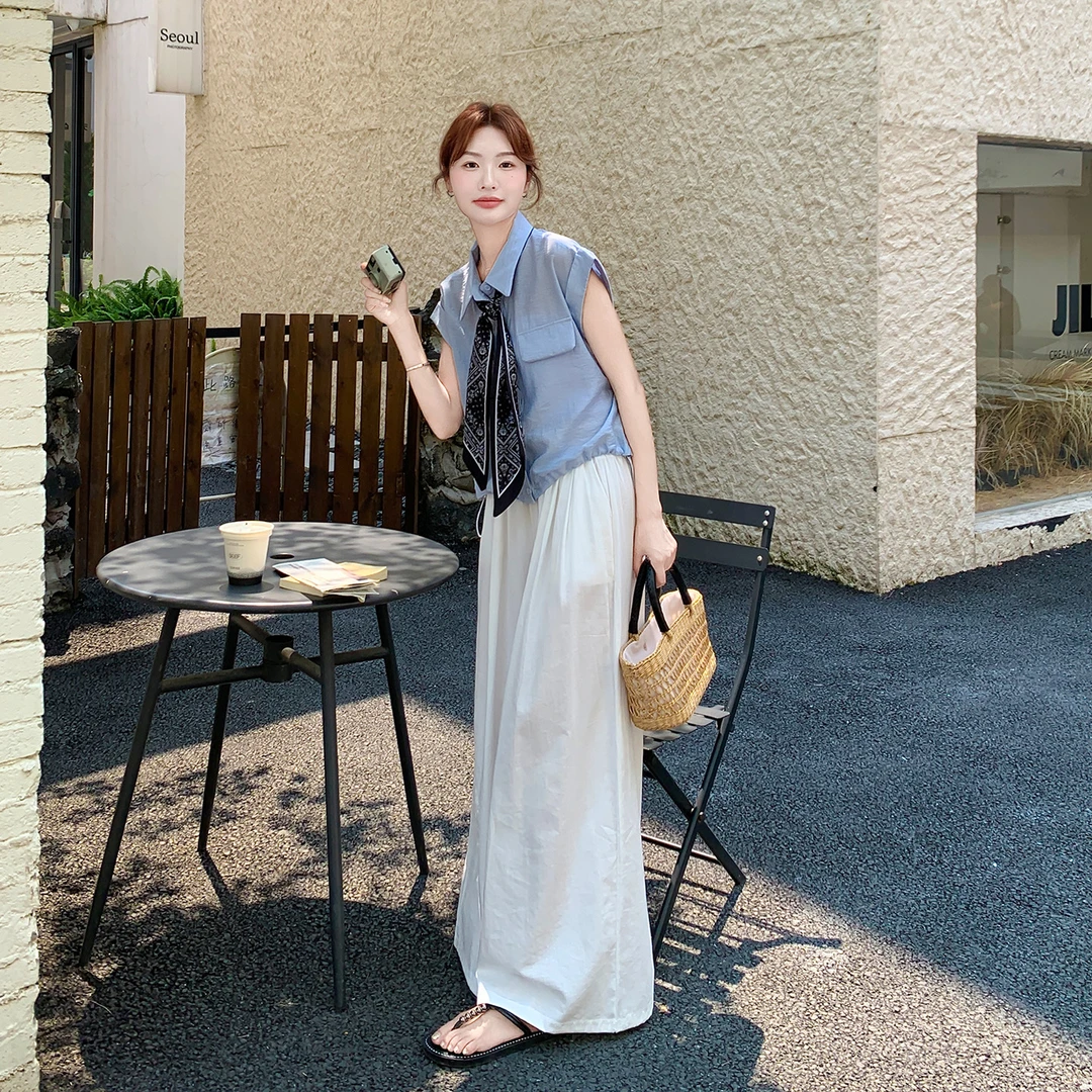 2025夏季一整套ootd穿搭套装女蓝色衬衫休闲阔腿裤大方得体两件套