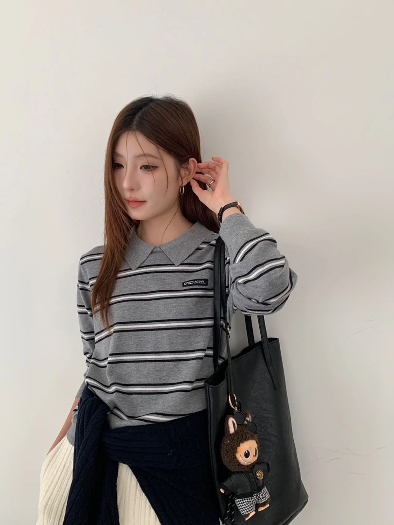 条纹POLO领毛针织衫翻领针织衫女针织长袖25206#
